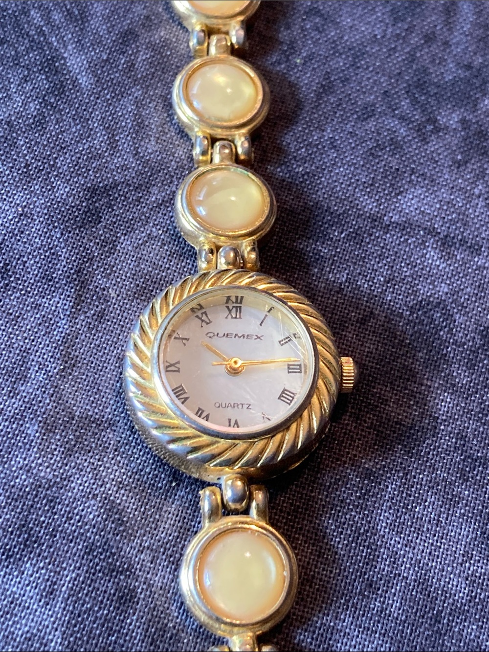 Gold-Tone Women's Bracelet Watch w Cream Cabochons keeps perfect time